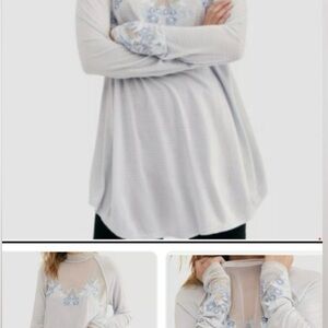 Free People Light Gray Blouse with Blue Embroidery